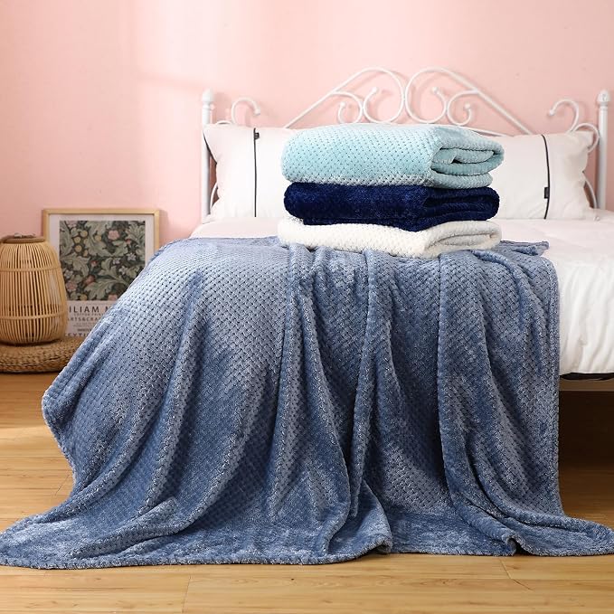 Newwiee 4 Pcs Fleece Throw Blanket, 3D Waffle Textured,Gradient Blue | Soft Lightweight Set for Couch Bed Sofa, Warm Winter Throws, No Shedding Pilling, Flannel Waffle Texture, 50x60 Inch