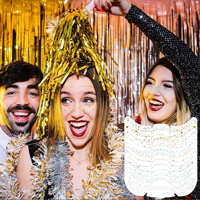 12 pcs Glitter Freckles Holographic Face Body Glitter Tattoo Sparkle Gold Glow Cosmetic Cute Star Temporary Face Tattoo Waterproof Sweatproof Sparkle Speckles Patches for Women Festival Rave Party