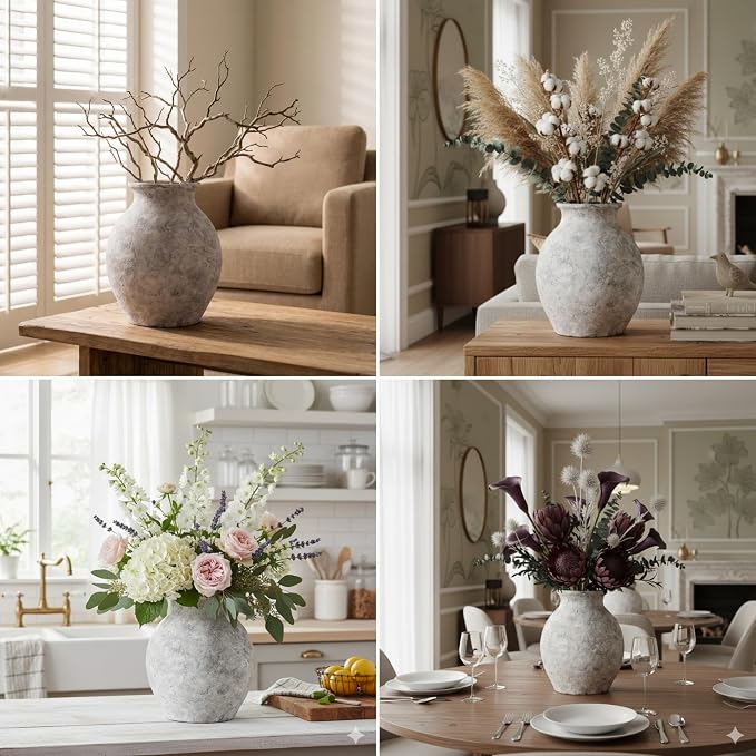 Lvases 10in XL White Ceramic Vase, Aged Stone Cement Mediterranean Vase | Rustic elegant finish with authentic limestone texture fits Tuscan farmhouse style as table decor living room home decoration