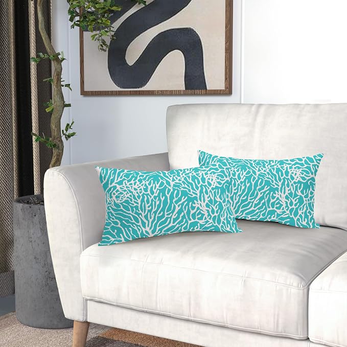Nautical Coastal Coral Lumbar Pillow Covers 12x20 Inch Set of 2 Summer Ocean Beach Aqua Teal Decorative Pillow Cases Outdoor Linen Cushion Cover Farmhouse Decor for Bedroom Home Sofa Couch Bed