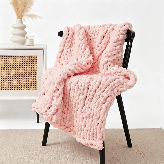 Soft Chunky Knit Throw Blanket for Couch, Cozy Warm Knitted Blankets | Hand Knit with Jumbo Chenille, Lightweight Warm Fluffy Decor for Women, Mom, Her & Girls, Sofa, Chair, Bed, 48"×71" (Pink)