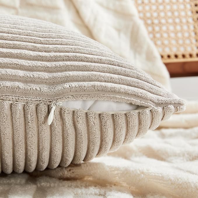 Fancy Homi Neutral Taupe Lumbar Decorative Throw Pillow Covers 14x24 Inch for Living Room Couch Bed Sofa, Farmhouse Home Decor, Soft Striped Corduroy Rectangle Accent Cushion Case 35x60 cm