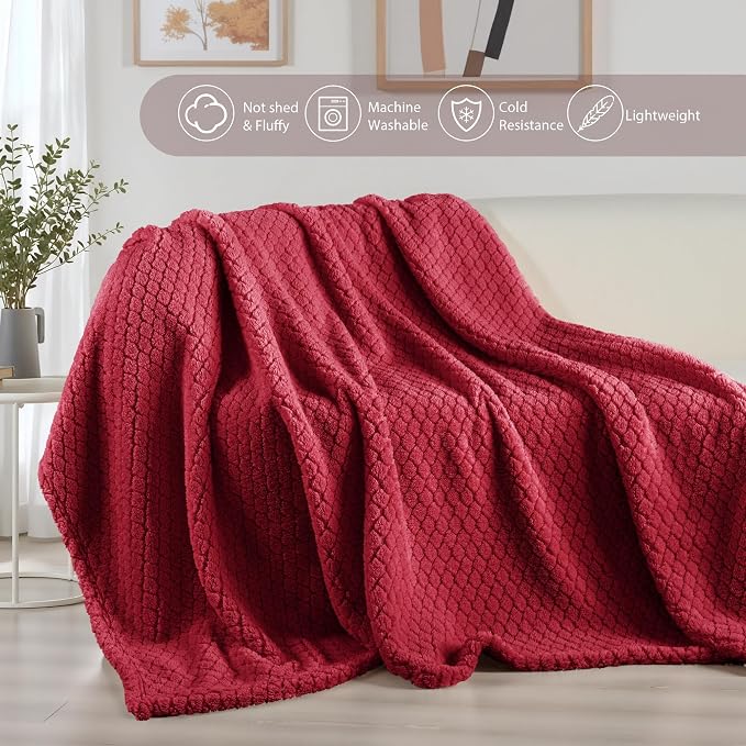 Exclusivo Mezcla Soft Fleece Twin Size Blanket for Bed, Deep Red | Jacquard Lightweight Cozy Bed Blanket, Breathable Decorative Fuzzy Textured All Season Use, 60x80 Inches