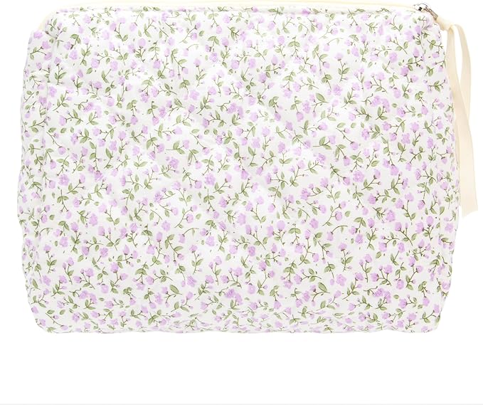 PAZIMIIK Quilted Makeup Bag Large Travel Zipper Soft Cosmetic Pouch for Women Girls Make Up,Floral Purple