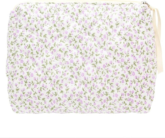 PAZIMIIK Quilted Makeup Bag Large Travel Zipper Soft Cosmetic Pouch for Women Girls Make Up,Floral Purple