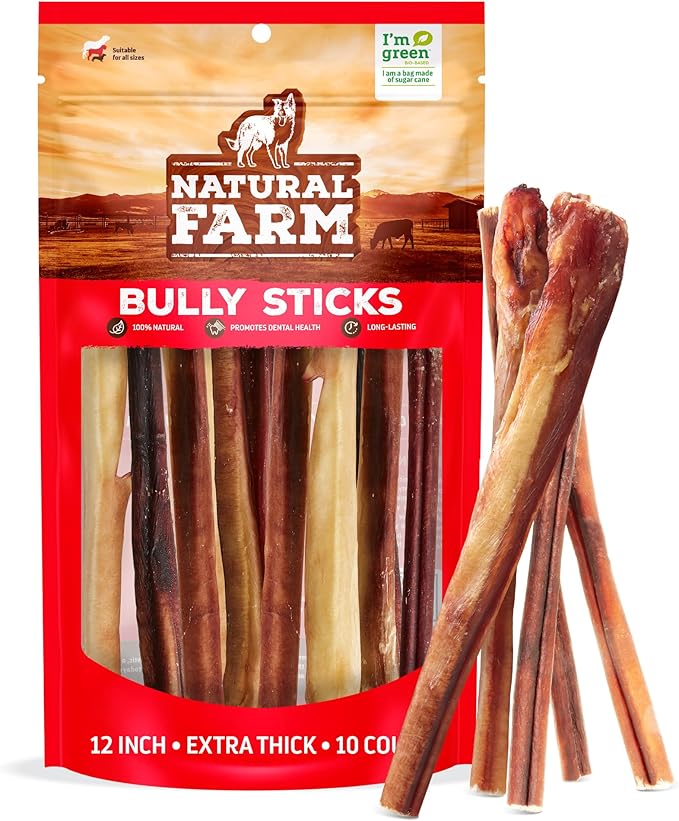 Natural Farm Extra-Thick 12-Inch Beef Bully Sticks Dog Chews (10-Pack) - Odor-Free Dental Treats for Dogs