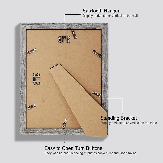 Hongkee 9x12 Picture Frame Set of 4, Made of Glass and Grey Wooden Frame - Display Picture 6x8 with Mat or 9 x 12 Without Mat, 9 by 12 Photo for Wall or Tabletop