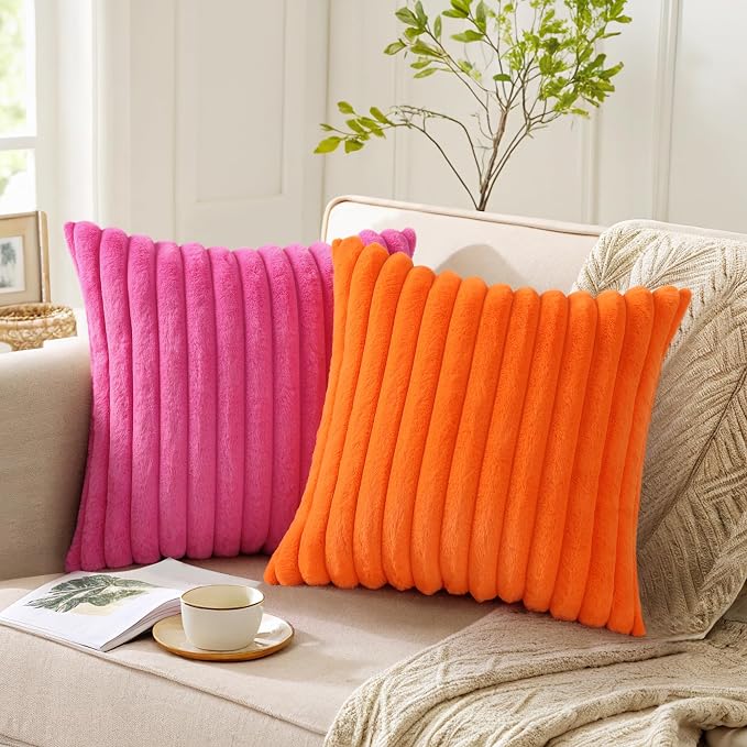 Pallene Faux Fur Decorative Throw Pillow Covers 18x18 Set of 2, Hot Pink | Luxury Plush Texture, Striped Design, Cozy Soft Touch, Modern Home Accent Decor for Couch, Sofa, Bed, Living Room