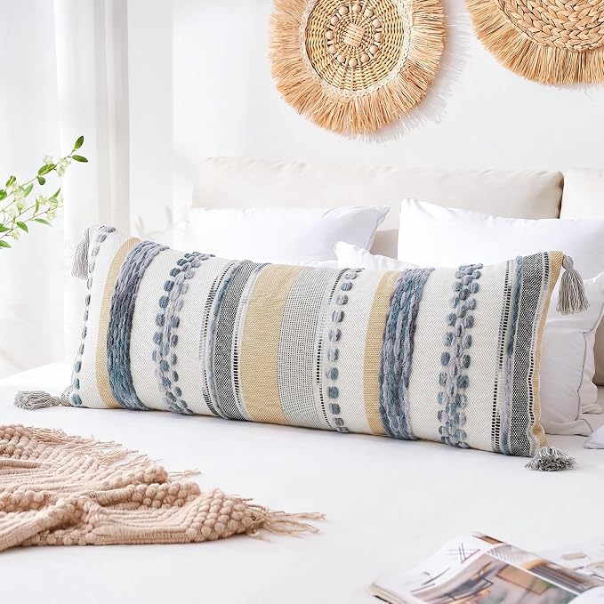 PANOD Boho Long Lumbar Throw Pillow Cover 14 x 36 Grey, Chenille Morocan Extra Long Pillow Case Cover, Decorative Long Pillow for Bed Couch Sofa Farmhouse