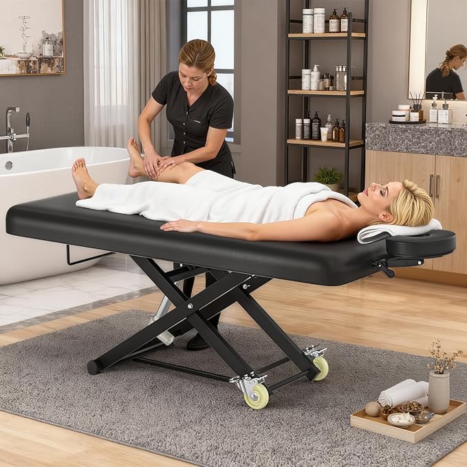 Electric Massage Table Bed - Facial Spa Treatment Table, Esthetician Bed with Wheel, Hand & Foot Pedal Dual Control Adjustable Height 440lbs, Professional Salon & Beauty Spa Use (Black)