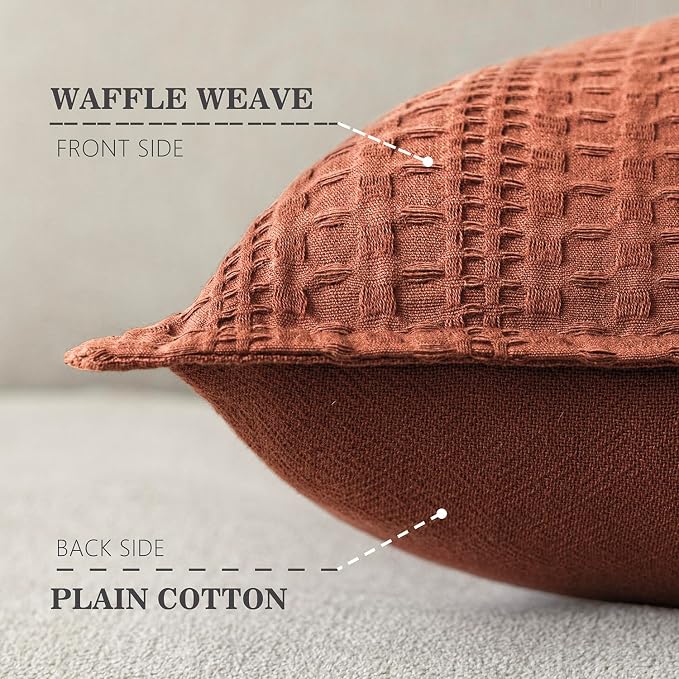 Foindtower Set of 2 Decorative Cotton Waffle Weave Throw Pillow Cover Euro Shams Cushion Covers Accent European Pillowcase For Bed Couch Sofa Bedroom Living Room Home Decor 26×26 Inch Fall Rust Orange