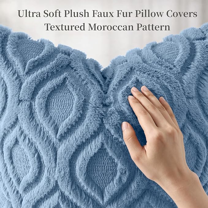 decorUhome Faux Fur Plush Soft Blue Throw Pillow Covers 12x20 Set of 2 | Wool Solid Fall Couch Pillow Covers, Accent Modern Farmhouse Neutral Decorative Square Pillow Cases for Sofa Bed Living Room
