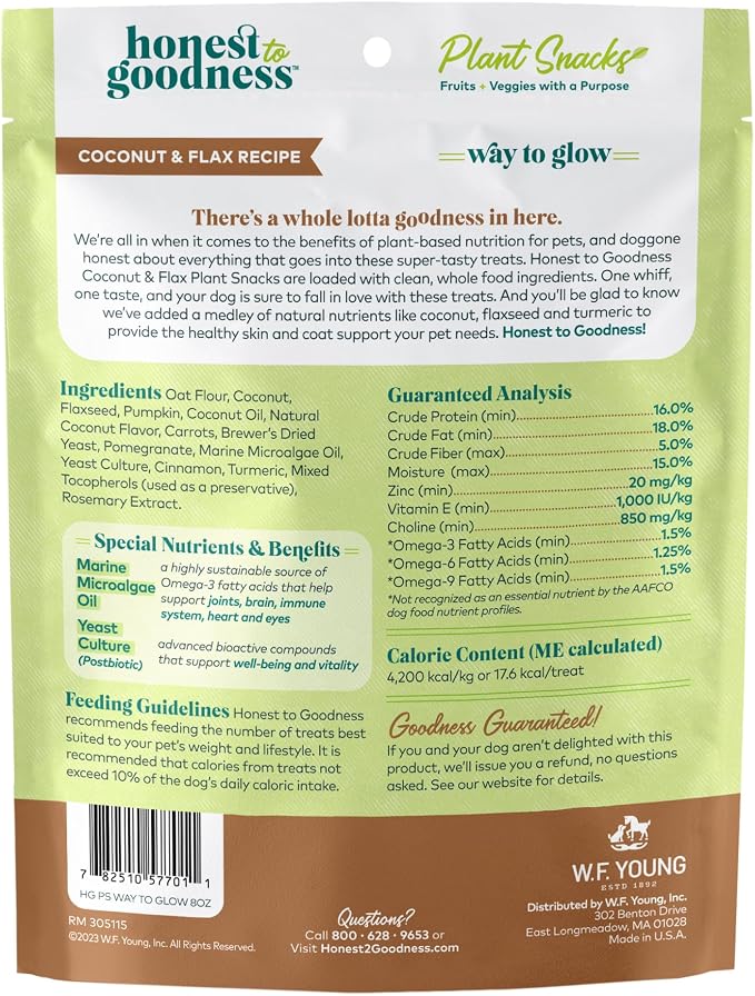 Honest to Goodness Plant Snacks Coconut & Flax Dog Treats, 8 oz | Crunchy, Plant-Based, Way to Glow Skin Coat Support, Enriched with Omega 3 Fatty Acids, Fortified with Postbiotics, USA Made