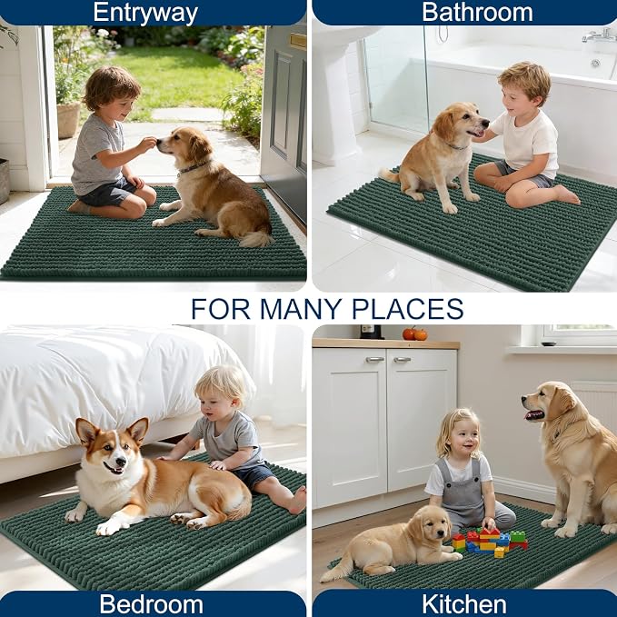 OLANLY Dog Door Mat for Muddy Paws 24x16, Extra Absorbent Chenille Mud Mat | Blackish Green, Absorbs Moisture and Dirt, Non-Slip Machine Washable Doormat, Quick-Drying Indoor Entryway Floor Mat for Dogs