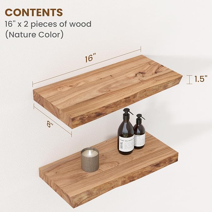 Floating Shelves for Wall Decor, Rustic Solid Elm Wood Live Edge Floating Shelves Wall Mounted, Wall Shelves with Invisible Bracket for Living Room Bathroom Bedroom Kitchen, 16 Inch Set of 2, Natural