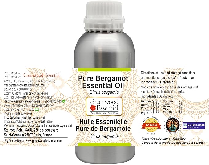 Greenwood Essential Pure Bergamot Essential Oil (Citrus bergamia) Steam Distilled 1250ml (42 oz)