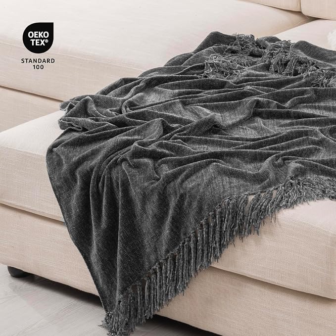 RECYCO Chenille Throw Blanket for Couch, 60" x 80", Dark Gray | Super Soft Knit Throw Blanket with Fringe Tassels, Lightweight Knitted Throw, Cozy, Ideal for Sofa Chair Bed Living Room Gift