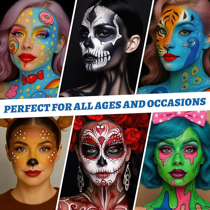 BOBISUKA 18 Color Washable Face & Body Paint Palette with Brushes, Extra Black & White Pans, Highly Pigmented Cream Formula Face Painting Kit for Halloween, Carnival, Cosplay, Festivals & SFX Makeup
