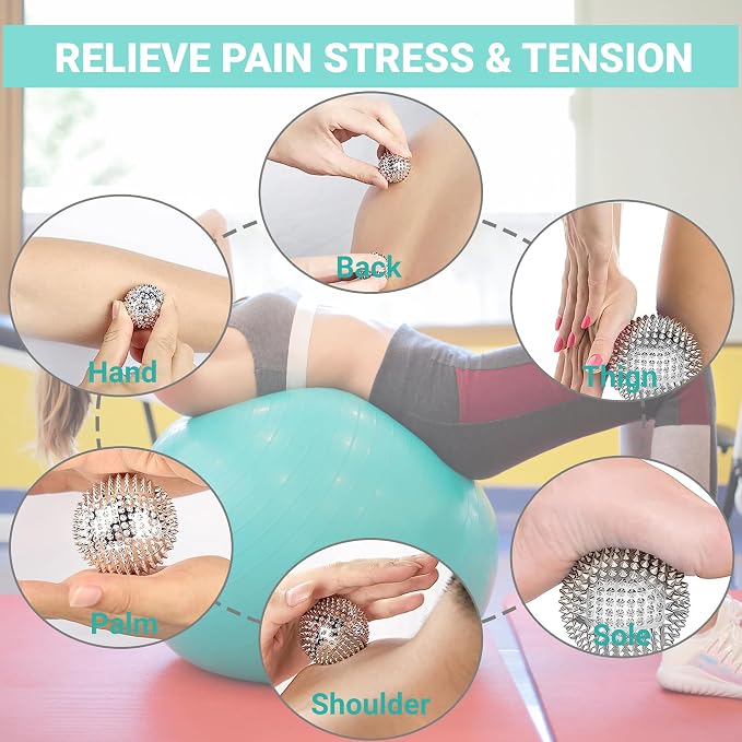 Spiky Massage Ball, Magnetic Balls, Hand Massage Ball Silver Ball 1 Pair, Hand Acupuncture Ball Massage for Adult and Kid, Hand Exercise Squeeze Balls for Pain Pressure and Stress Relief