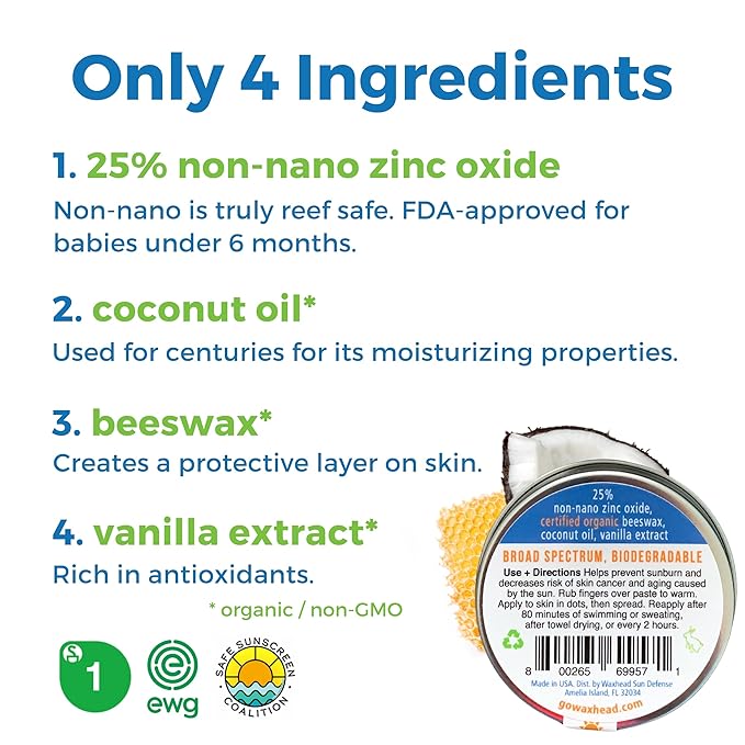 Waxhead Zinc Oxide Sunscreen Face & Nose - Sensitive Skin Safe SPF 30, Reef Safe Physical Visible Protection for Acne Prone Skin, Waterproof Natural Mineral Sunscreen for Kids & Adults (White 2oz)