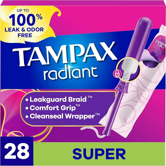 Tampax Radiant Tampons, Super Absorbency, with Leakguard Braid, Unscented, 28 Count