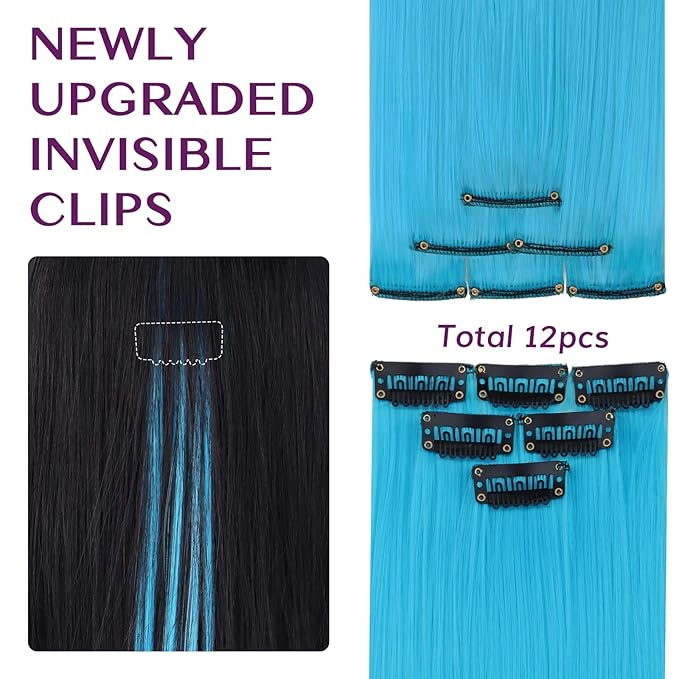 IDN BEAUTY Colored Clip in Hair Extension, 12PCS Sky Blue 24Inch Invisible Clip Straight Synthetic Hair Pieces for Women, Hair Accessories for Party Cosplay Travel Birthday