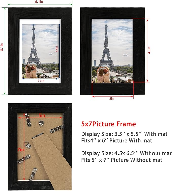 Hongkee 5x7 Picture Frame Set of 4, Made of Real Glass and Rustic Black Wooden Frame, 5 by 7 Photo for Wall or Tabletop - Display Picture 4x6 with Mat or 5x7 Without Mat