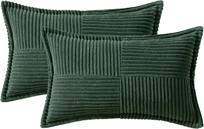 MIULEE Decorative Lumbar Throw Pillow Covers 12x20 Inch Dark Green 2 Pack | Boho Broadside Striped Patchwork Pillow Covers, Soft Corduroy Cushion Cases, For Couch Sofa Bed Livingroom Home Decor