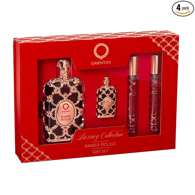 Orientica Luxury Collection Amber Rouge 4-Pc Gift Set Eau De Parfum - Woody, Amber, Saffron, Praline, Jasmine, Orange, Oak Moss, Seaweed - Arabic Perfume for Women - (2.7oz, 7.5ml & 2 X 10ml spray)