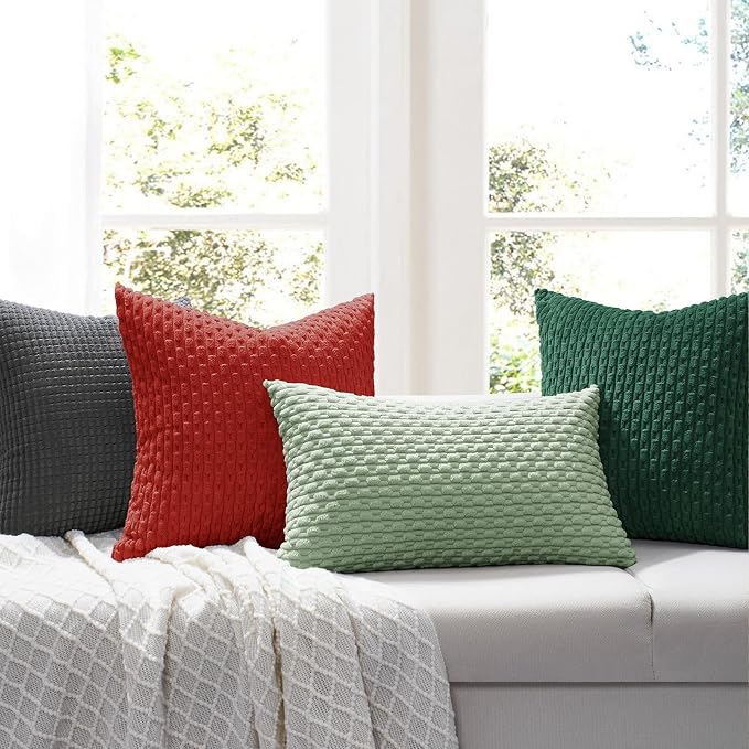 Softalker Corduroy Decorative Throw Pillow Covers 18x18, Set of 2, Red | Soft Boho Striped Pillow Cases, Couch Fluffy Cushion Covers for Farmhouse Home Decor Bed Living Room