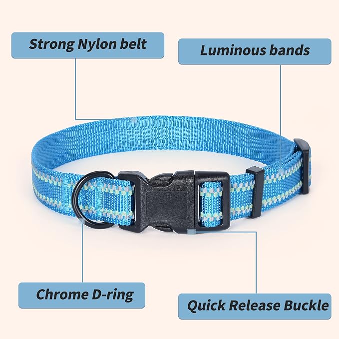 Mile High Life Reflective Dog Collar, Basic Dog Collars Adjustable Quick Release, Soft Nylon Pet Collar with Metal D-Ring for Small Medium Large Dogs (Hot Blue, L Neck15-19")