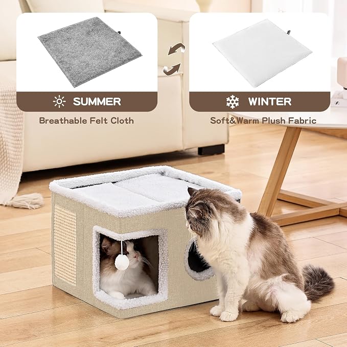 Large Cat Houses for Indoor Cats with Fluffy Ball and Scratch Pad | Foldable Cat Bed Cave for Multiple Pets, Kitten Bed for All Seasons, Non-slip, Hold Up to 30LBS, 16x16x13inch, Khaki