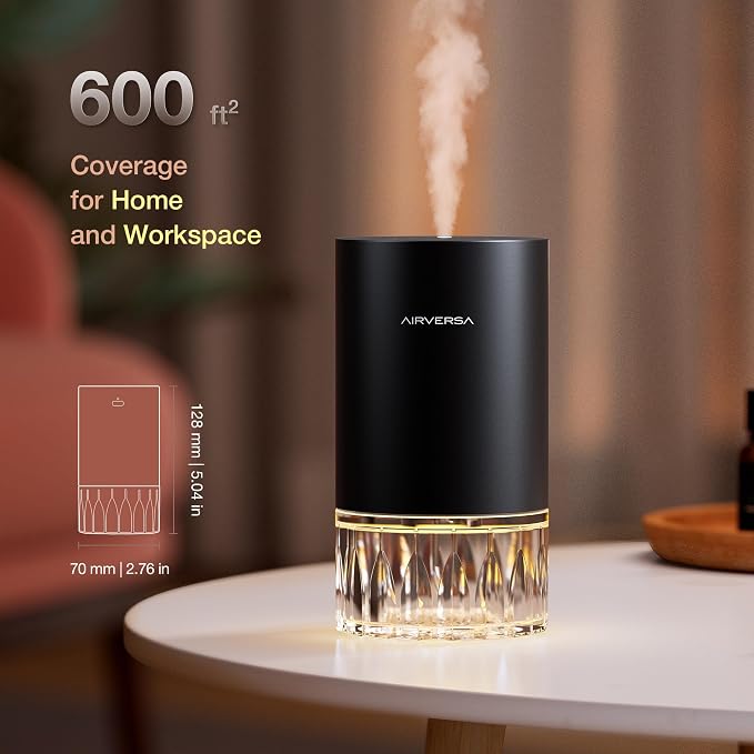 Airversa Waterless Essential Oil Diffuser for Home Room Desk Car Scent Air Diffuser, Up to 600 sq ft, Battery Operated, Mist Level and Timer Settings, 100mL Capacity, Cold Air, RD1 Gray