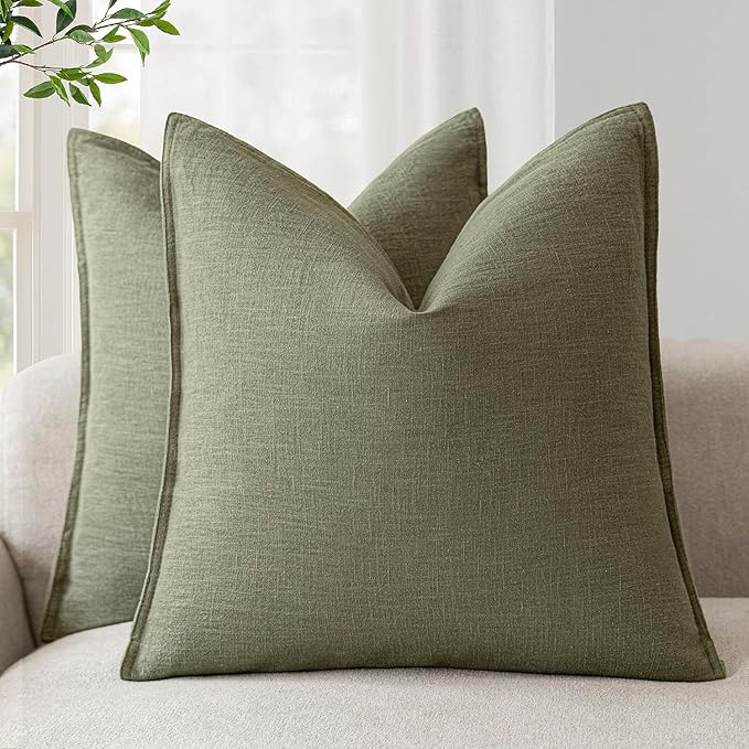 Foindtower Pack of 2, Decorative Linen Solid Throw Pillow Covers Soft Accent Cushion Case Farmhouse Neutral Pillowcase for Chair Couch Sofa Bedroom Living Room Home Decor 16x16 Inch Olive Branch Green