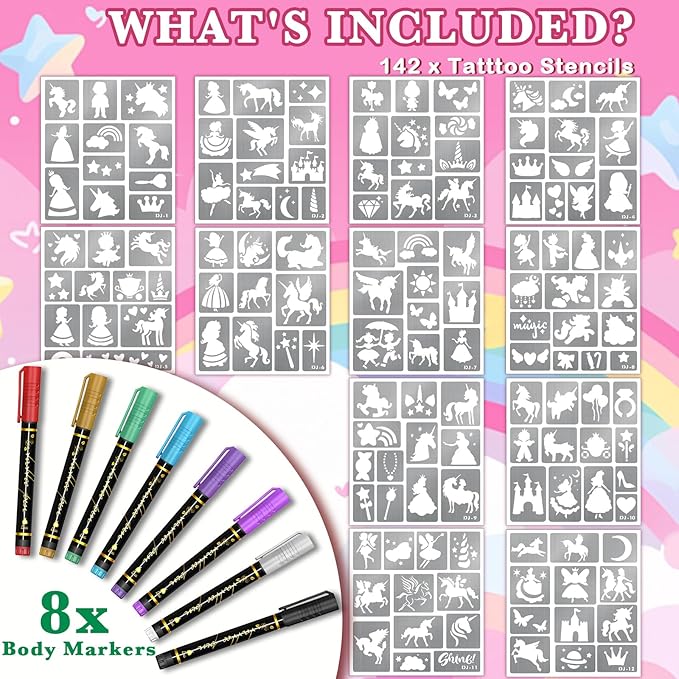 Temporary Tattoo Markers for Skin, 8 Temporary Tattoo Markers + 142 Princess Rainbow Tattoo Stencils for Kids Adults, Flexible Brush Tip & Bright Colors Marker and Tattoo Stencil Set for Party Favor
