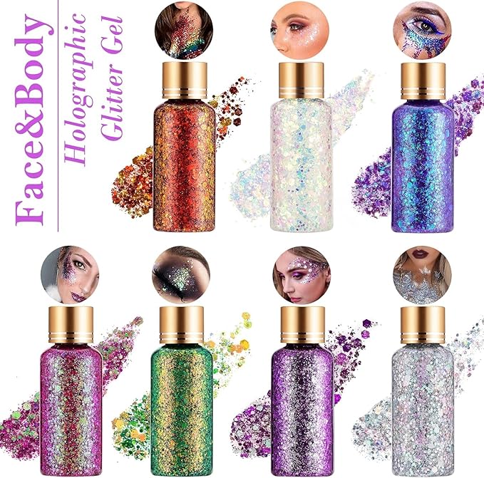 Cool Black Face Body Hair Glitter Gel for Halloween Party Festival Rave Accessories, Long Lasting Shimmer Holographic Chunky Mermaid Sequin Sparkling Paint Makeup for Women Kids, 1oz