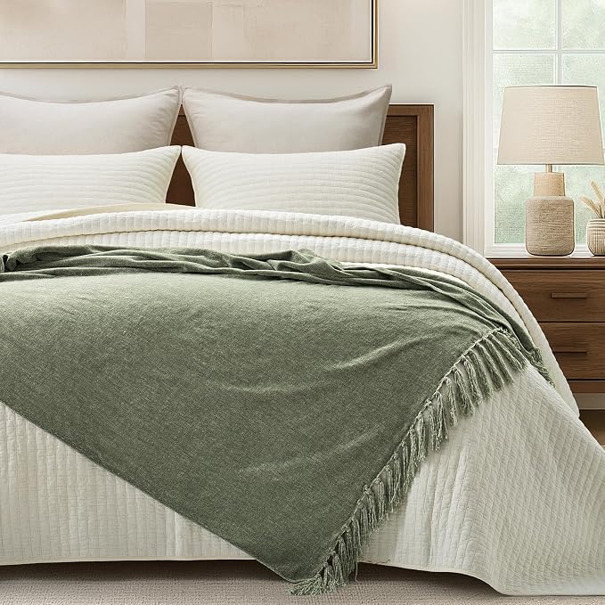 Chenille Knit Throw Blanket for Couch, 60"x80", Sage Green | Cozy Plush Fuzzy Knittd Throw with Tassels, Lightweight, Decorative, Farmhouse Decor, Ideal for Bed Sofa Gift, All Seasons