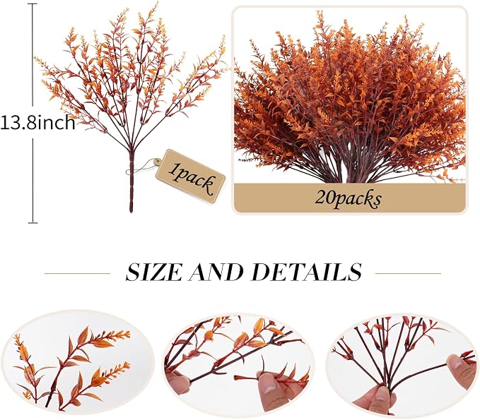 RECUTMS Faux Greenery Fake Lavender Fall Plants UV Resistant Outdoor Flower | 20Pcs,Autumn Decor,Faux Autumn Plants Fake Flowers Brown Artificial Greenery for Porch Office Bathroom Fall Party Decorations