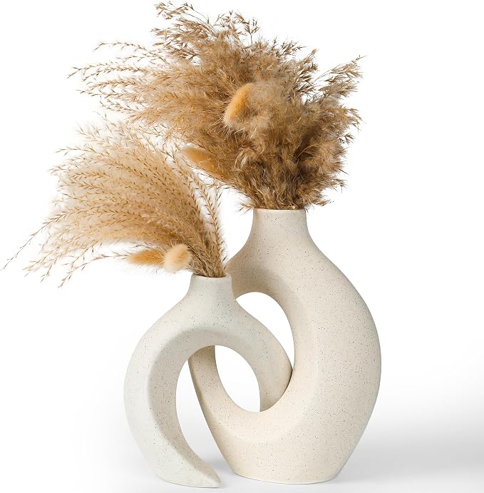 Set of 2 Elegant Donut Style Ceramic Vases – Boho Nordic Romantic Hugging Flower Decorative Vases for Pampas Grass, Bedroom, Living Room, Mantle, Book Shelf, Entryway Table 8.4 Inch Beige