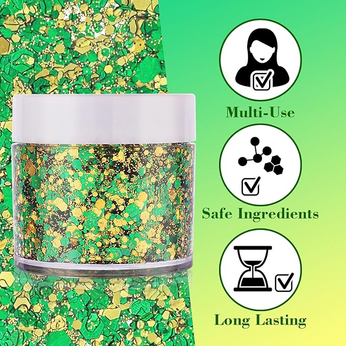 Green Face Glitter Gel,Elphaba Costume Accessories,Gold Hair Glitter Green St Patrick's Day Outfit for Women,Mardi Gras Carnival Face Paint Body Glitter Sparkling Festival Chunky Makeup