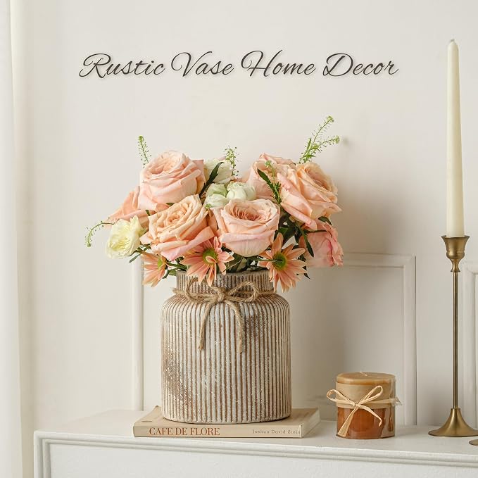 Rustic Ceramic Flower Vase, 7.2in Vintage Brown Ribbed Vases for Home Decor | Decorative Distressed Wide Mouth Terracotta Vases for Bedroom Living Room Table Centerpieces Shelf Cabinet Decorations