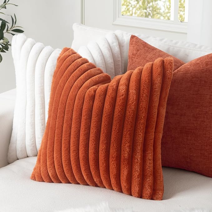 MIULEE Fall Faux Fur Decorative Throw Pillow Covers 20x20 Burnt Orange | Set of 2, Vintage Boho Soft Plush Couch Pillows, Cozy Fluffy Cushion Covers for Sofa Bed Living Room Home Decor