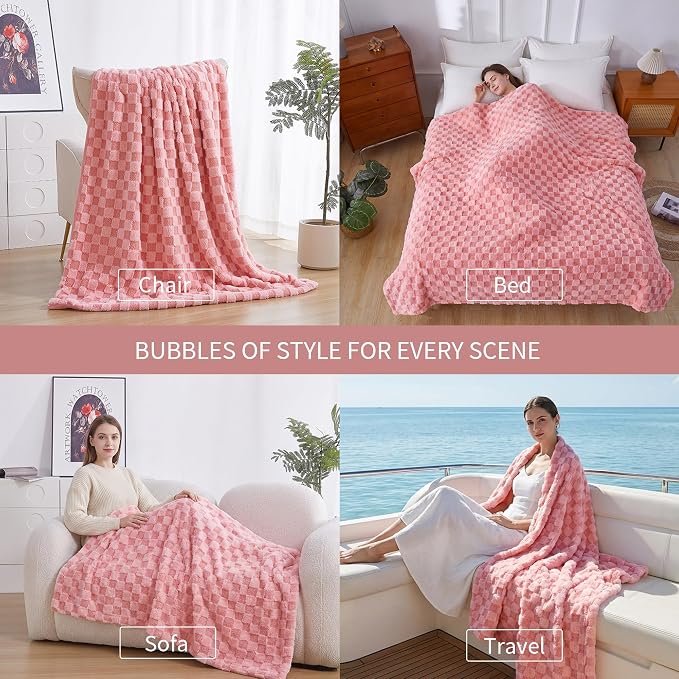 Luxury 3D Checkered Throw Blanket Reversible Thick Warm Blankets for Couch | Soft Velvet Flannel Fuzzy Plush Gift for Women