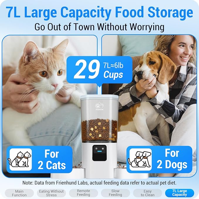 Frienhund Automatic Cat Feeder 2 Cats with Slow Feed: Dual Automatic Dog Feeder with 5G WiFi, Cat Food Dispenser with APP Control for Multiple Pets, Detachable for Easy Clean, Double Pet Bowl - 29 Cup