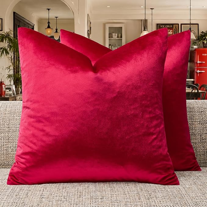 GIGIZAZA Red Velvet Pillow Covers 24x24 Decorative Pillows Pack of 2 | Throw Pillows for Couch Sofa,280gsm Soft Textured Fabric,Modern Square Pillowcases,Luxury Cushion Covers