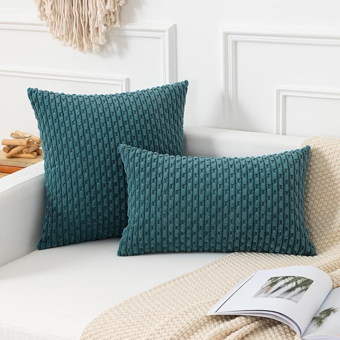 Kevin Textile Soft Corduroy 14"x24" Lumbar Pillow Cover 1 Pack, Teal Blue | Boho Stripe Plush Corduroy Decorative Oblong Cushion Cover Modern Farmhouse Home Decor for Sofa Couch Bed Chair