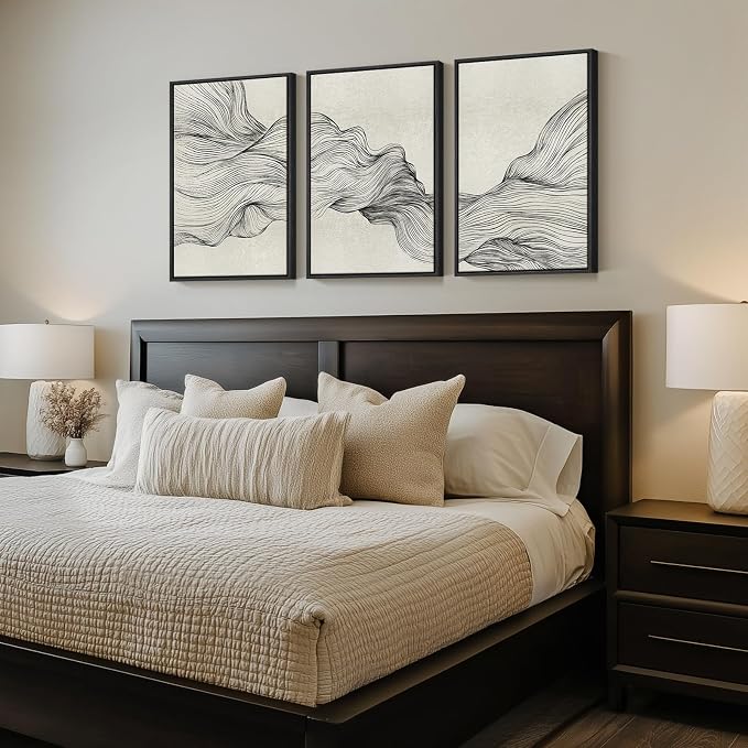 Framed Black and Beige Abstract Wall Art, 3 Piece Modern Canvas Prints Paintings Artwork for Walls, Minimalist Abstract Line Pictures for Living Room Dining Room Bedroom Office Wall Decor 16x24 In