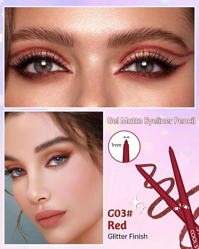 Glitter Gel Eyeliner Pencil,Retractable Cream Red Eye Liner Pencils,Waterline Eye Makeup Liners,Waterproof & Smudge Proof Glitter Eyeliner Facial Makeup Gift for Mature Women,Girls, Christmas - G3 Red