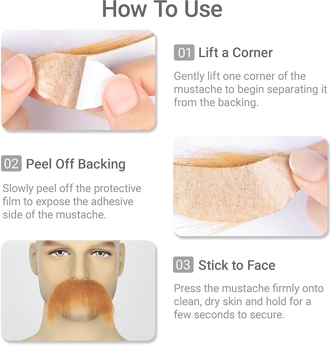 2Pcs Men Fake Mustache Realistic Mustaches Fake Facial Hair Beard for Cosplay Costume Halloween Parties