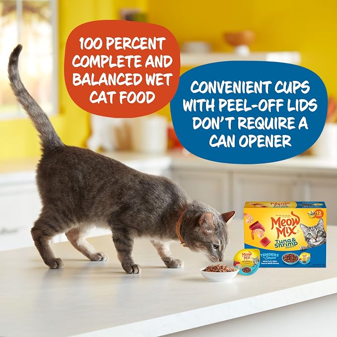 Meow Mix Tuna & Shrimp Lovers, Tenders in Sauce Wet Cat Food, 48 Cups